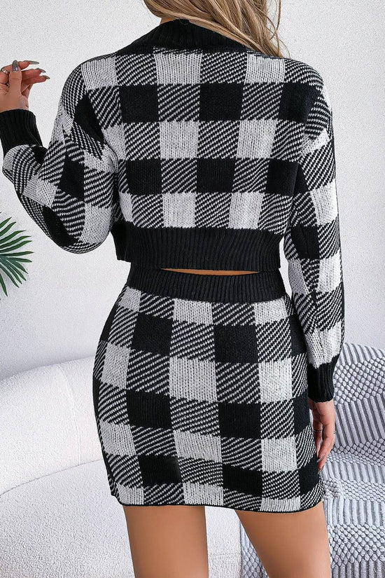 Plaid Round Neck Top and Skirt Sweater Set - IVORYNN
