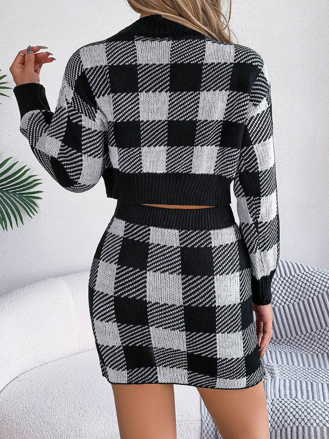 Plaid Round Neck Top and Skirt Sweater Set - IVORYNN
