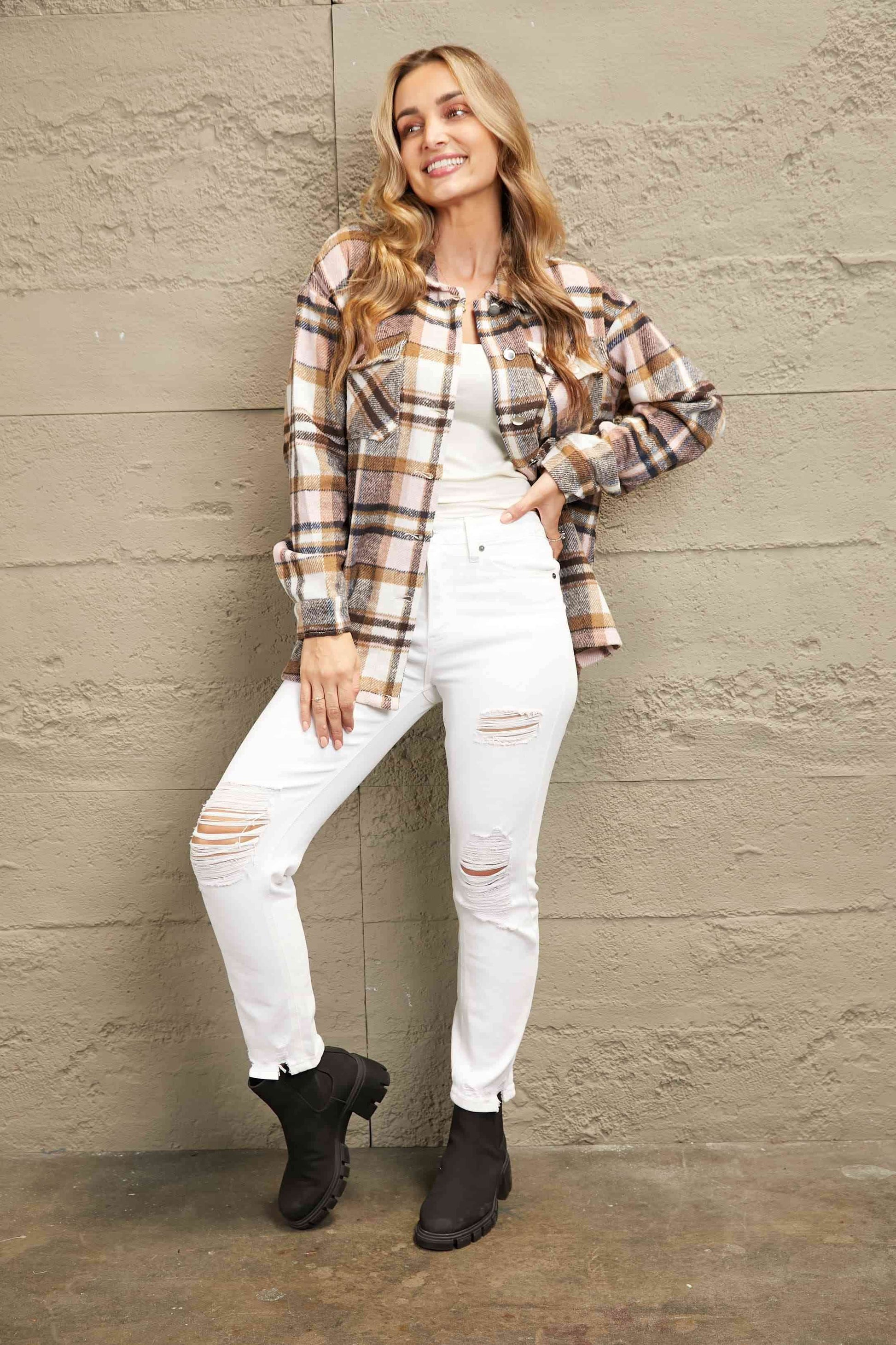 Plaid Shirt Jacket with Breast Pockets - IVORYNN