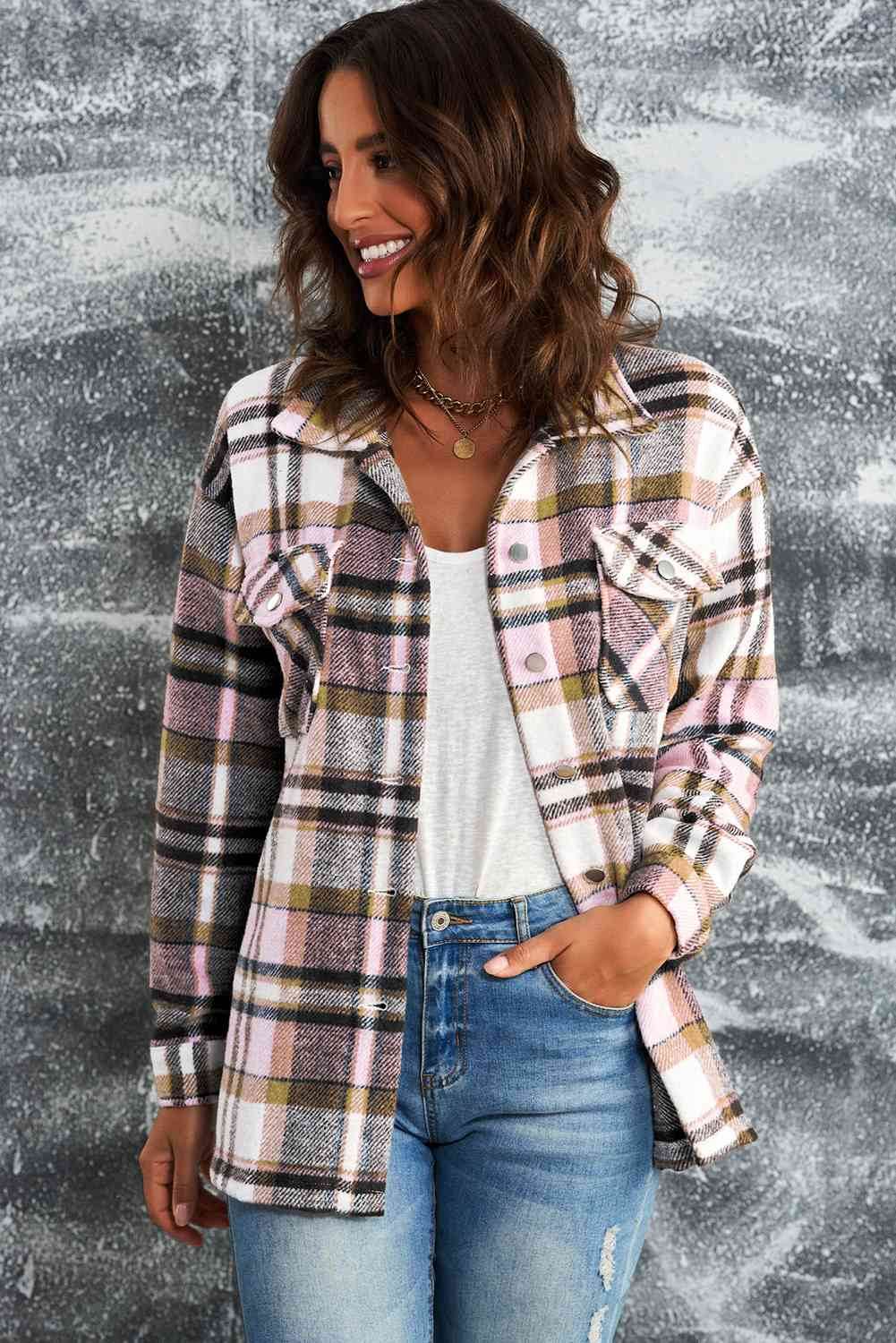 Plaid Shirt Jacket with Breast Pockets - IVORYNN