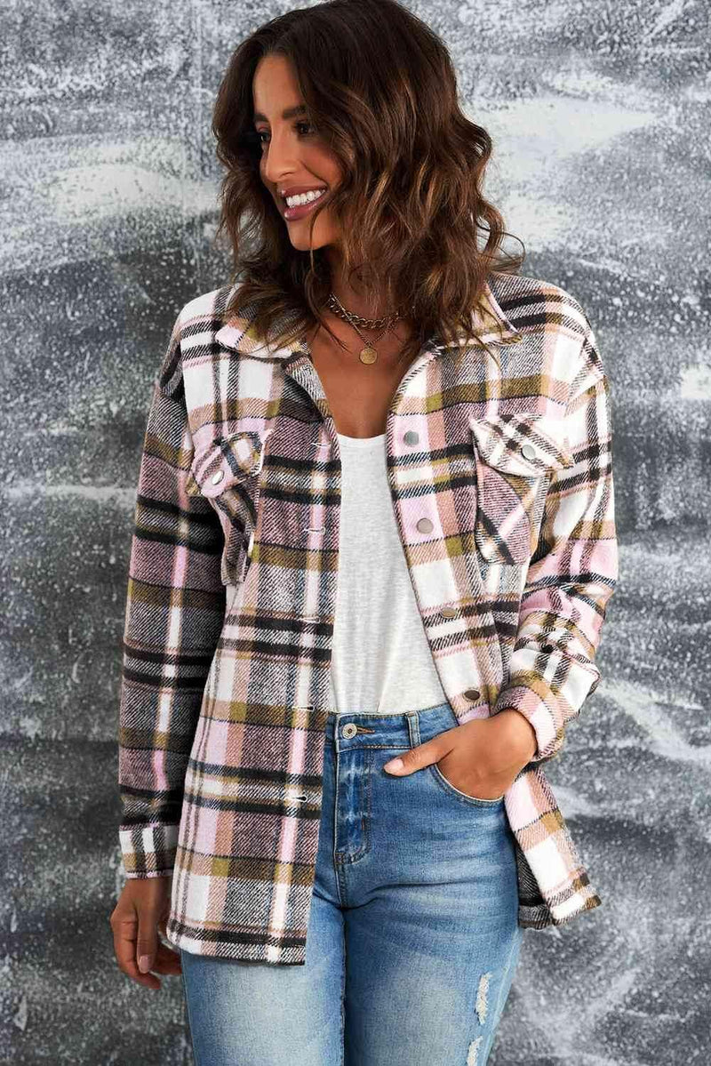 Plaid Shirt Jacket with Breast Pockets - IVORYNN