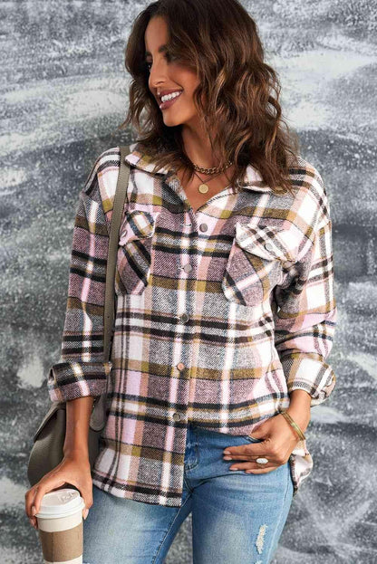 Plaid Shirt Jacket with Breast Pockets - IVORYNN