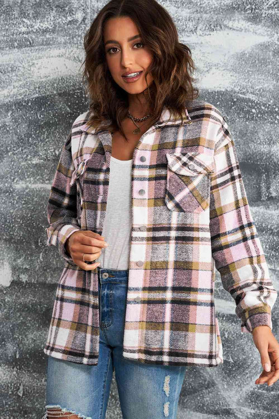Plaid Shirt Jacket with Breast Pockets - IVORYNN
