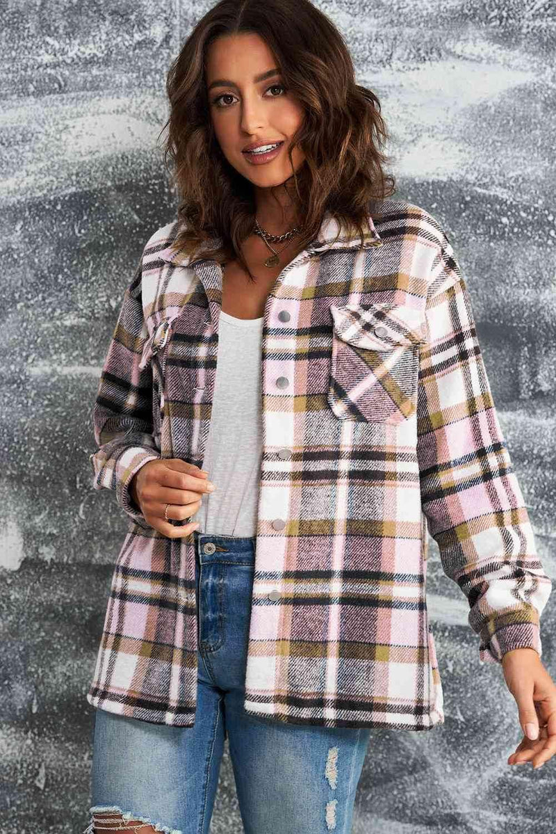 Plaid Shirt Jacket with Breast Pockets - IVORYNN