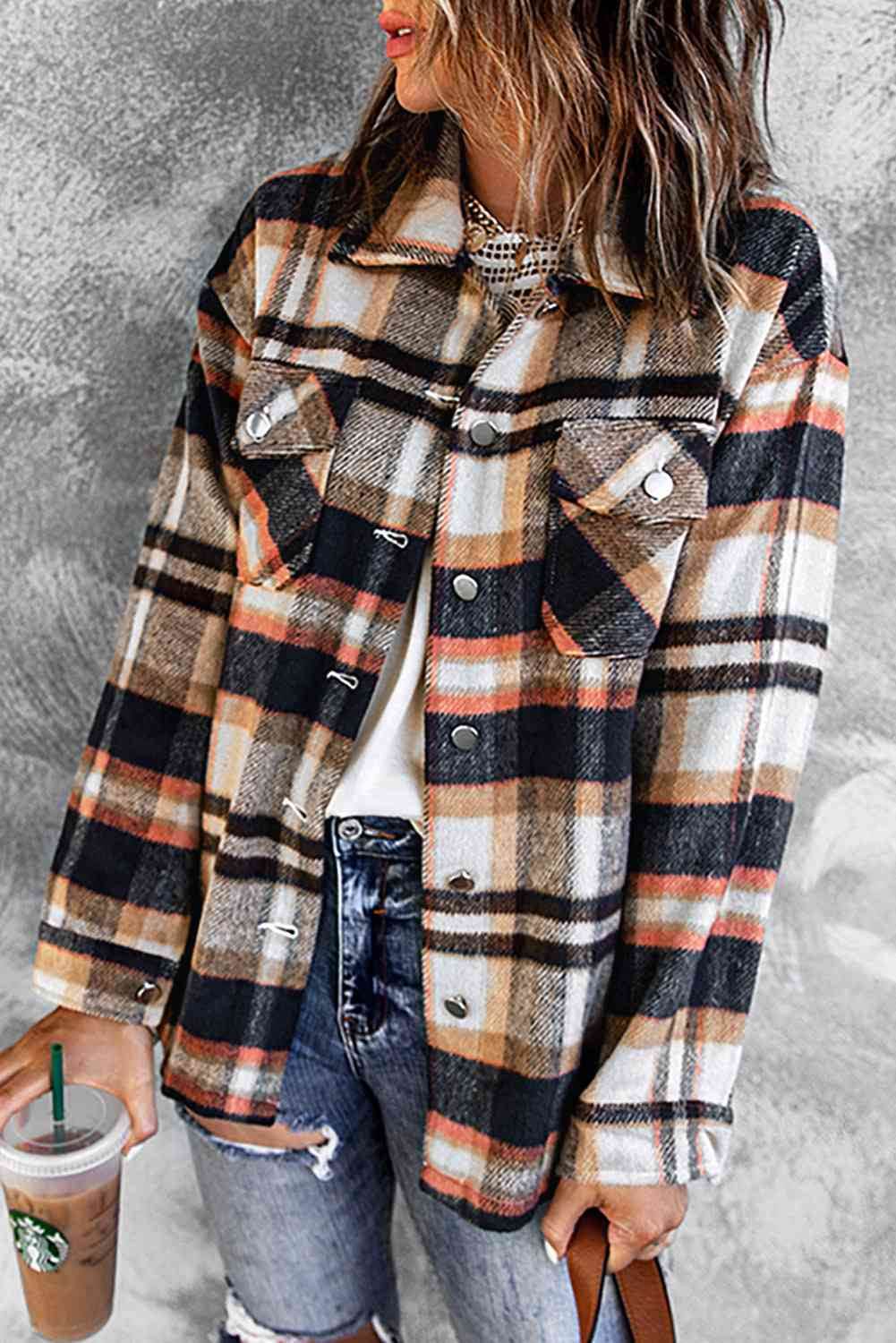 Plaid Shirt Jacket with Breast Pockets - IVORYNN