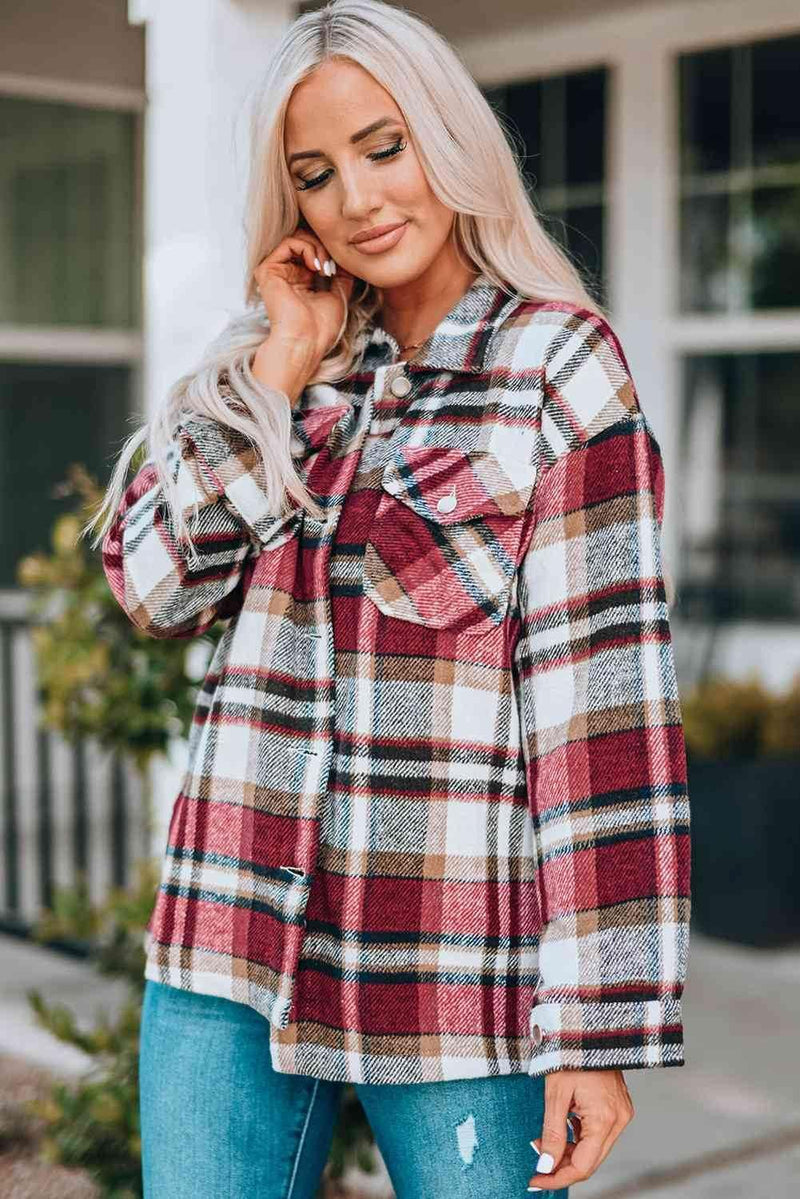 Plaid Shirt Jacket with Breast Pockets - IVORYNN