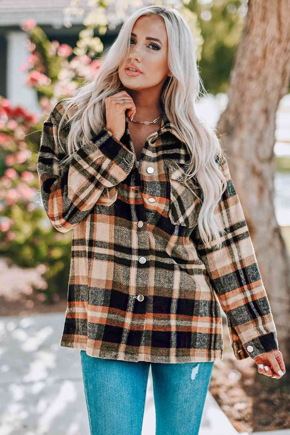 Plaid Shirt Jacket with Breast Pockets - IVORYNN