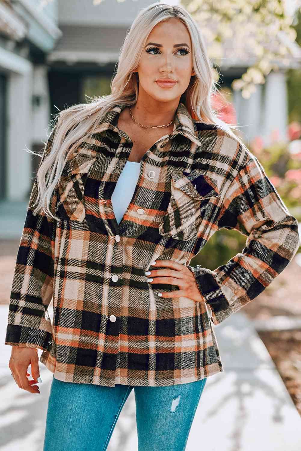 Khaki Plaid Shirt Jacket with Breast Pockets