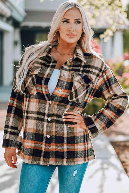 Khaki Plaid Shirt Jacket with Breast Pockets