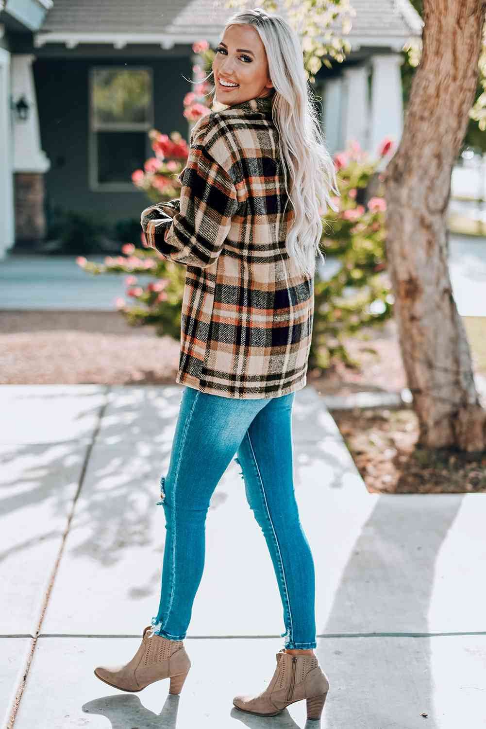 Plaid Shirt Jacket with Breast Pockets - IVORYNN