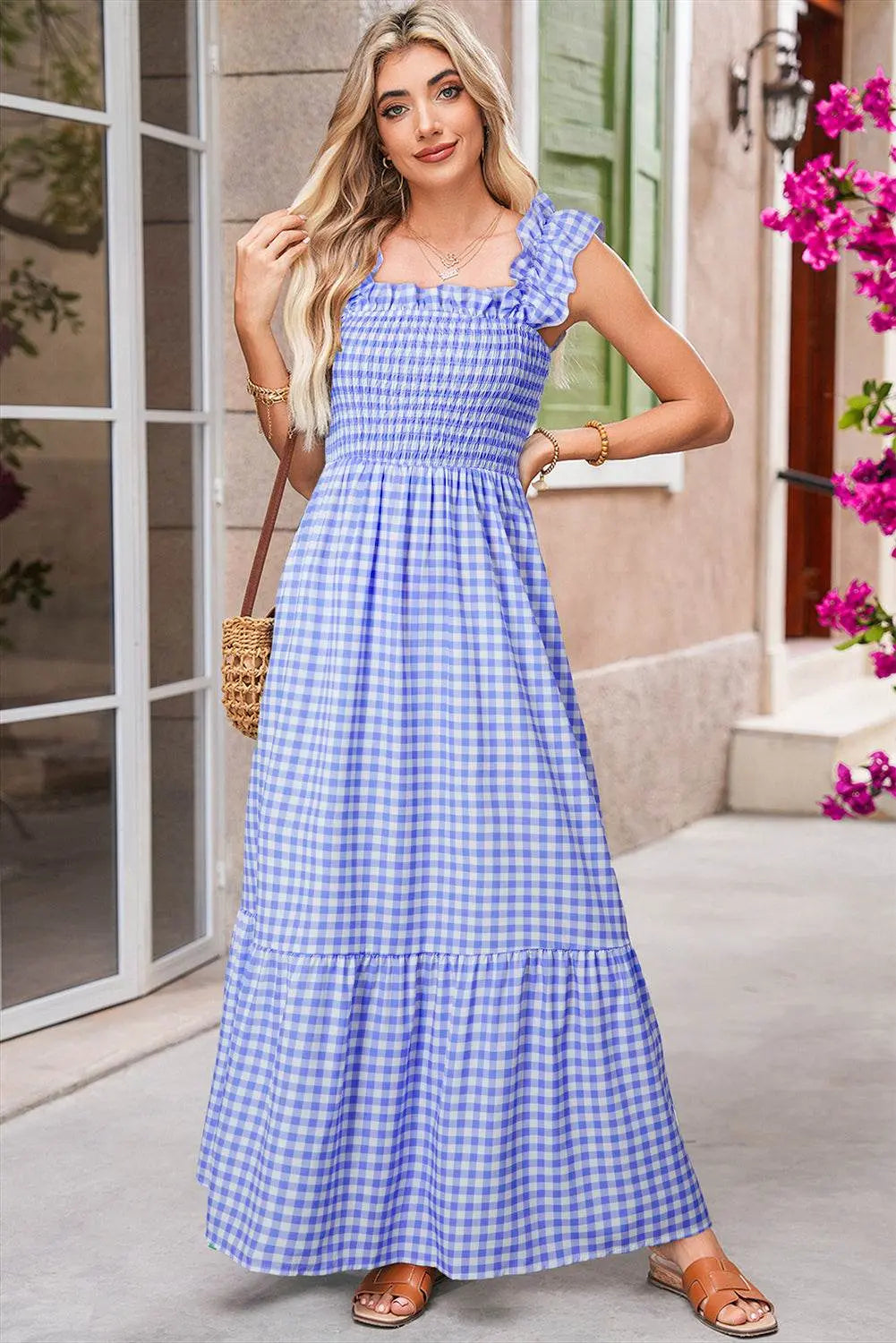 Plaid Square Neck Sleeveless Sky Blue Maxi Dress - IVORYNN