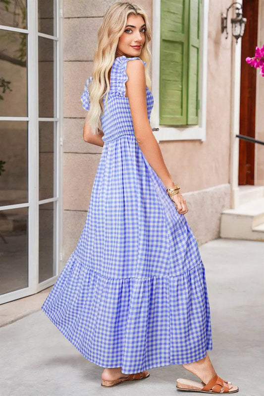 Plaid Square Neck Sleeveless Sky Blue Maxi Dress