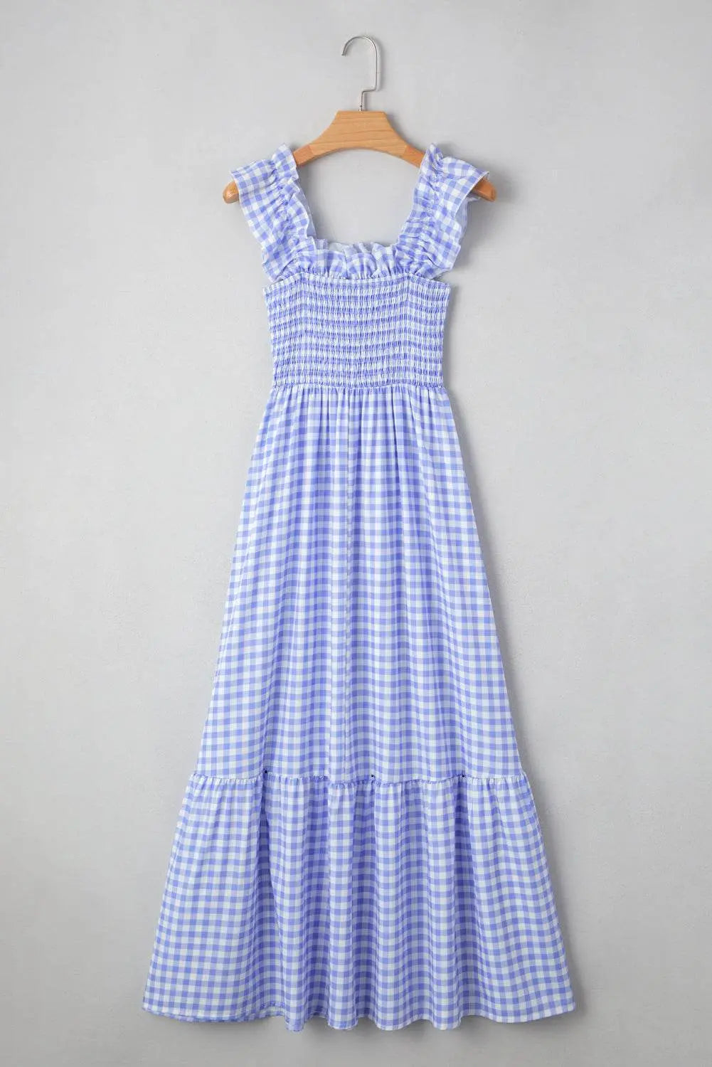 Plaid Square Neck Sleeveless Sky Blue Maxi Dress - IVORYNN