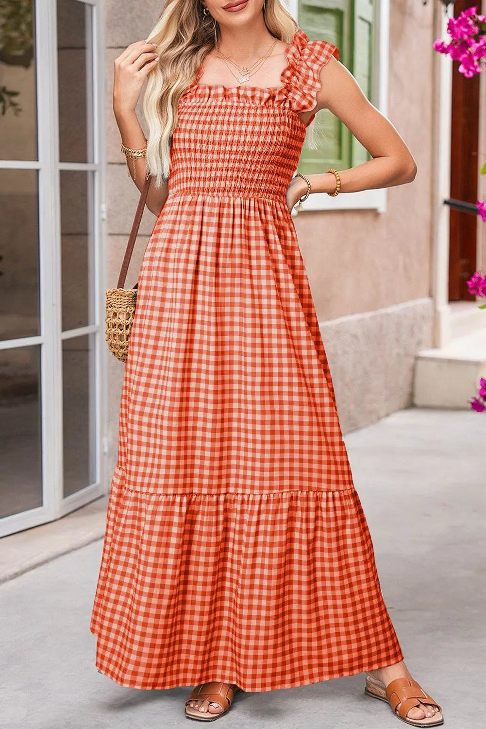 Plaid Square Neck Sleeveless Sky Blue Maxi Dress - IVORYNN