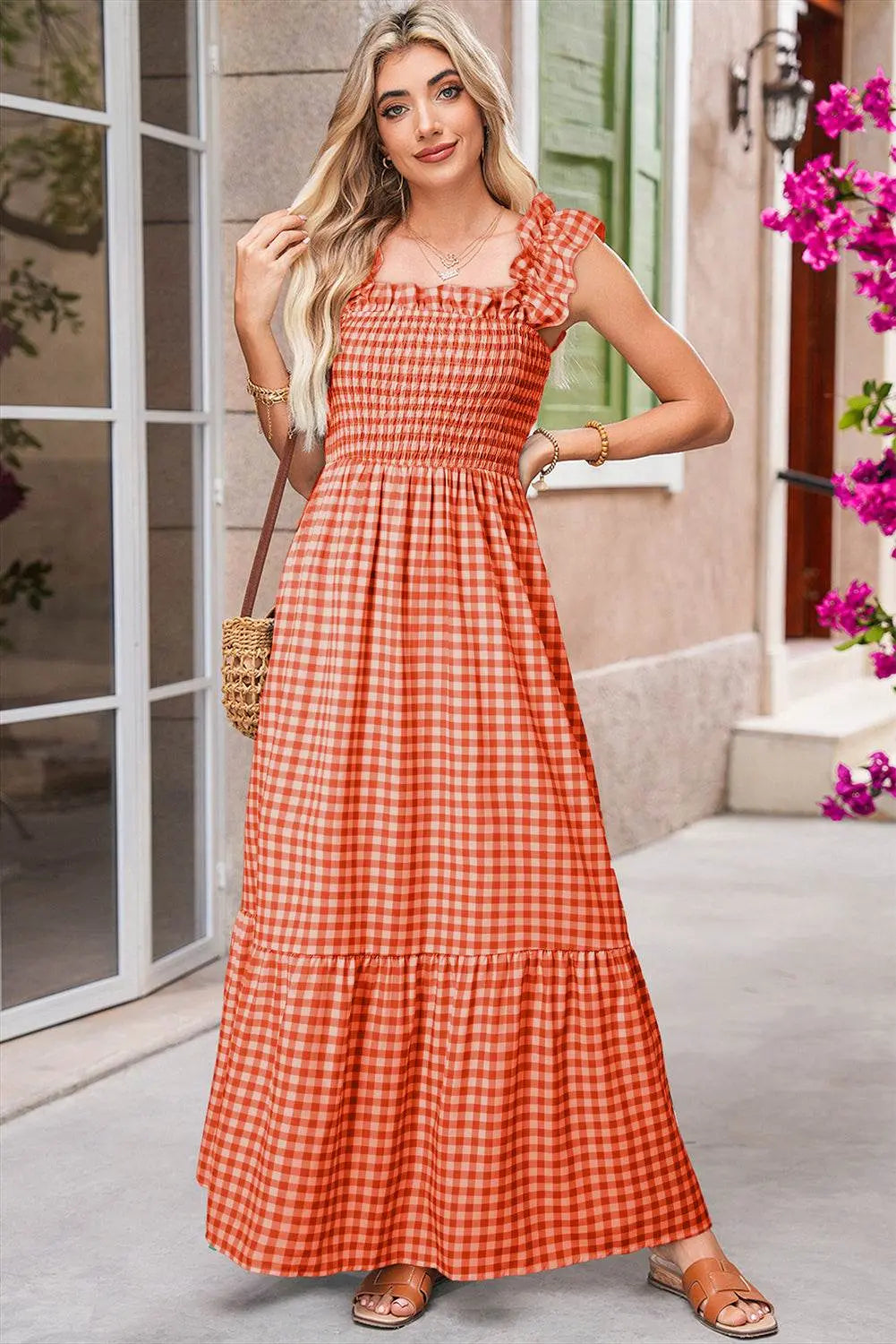 Plaid Square Neck Sleeveless Sky Blue Maxi Dress - IVORYNN
