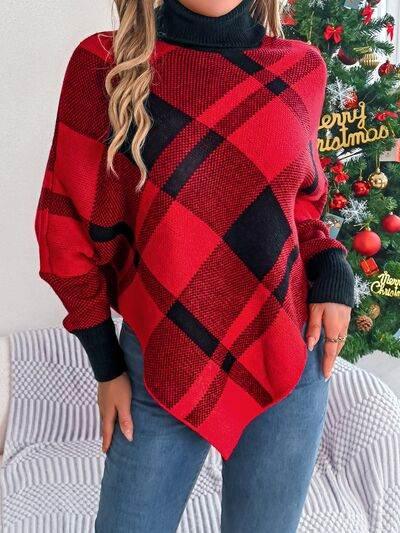 Plaid Turtleneck Batwing Sleeve Sweater - IVORYNN