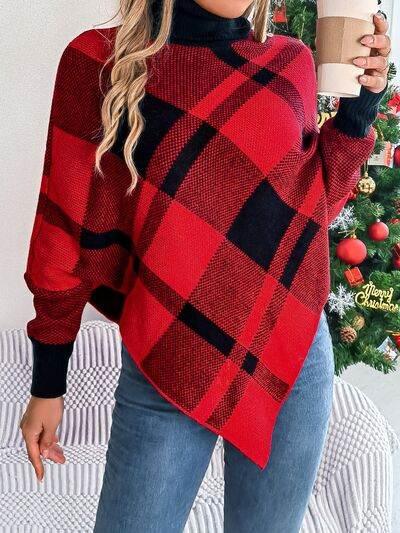 Plaid Turtleneck Batwing Sleeve Sweater - IVORYNN