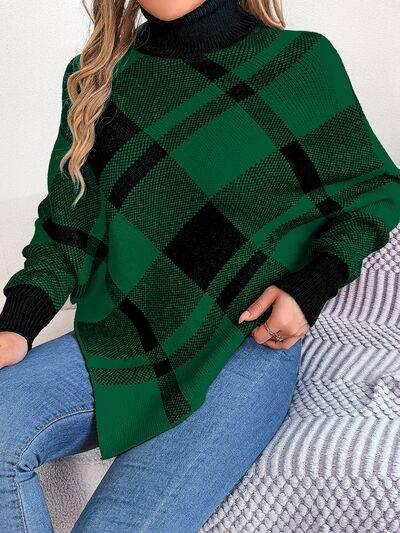 Plaid Turtleneck Batwing Sleeve Sweater - IVORYNN