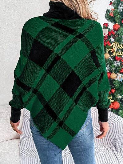 Plaid Turtleneck Batwing Sleeve Sweater - IVORYNN