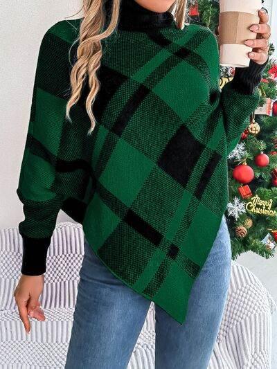 Plaid Turtleneck Batwing Sleeve Sweater - IVORYNN