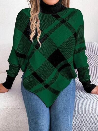 Plaid Turtleneck Batwing Sleeve Sweater - IVORYNN