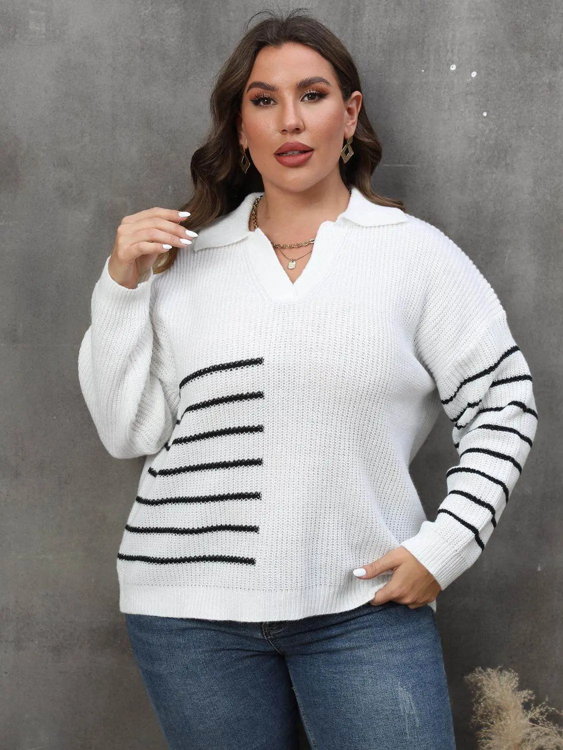 Plus Size Striped V-Neck Sweater - IVORYNN