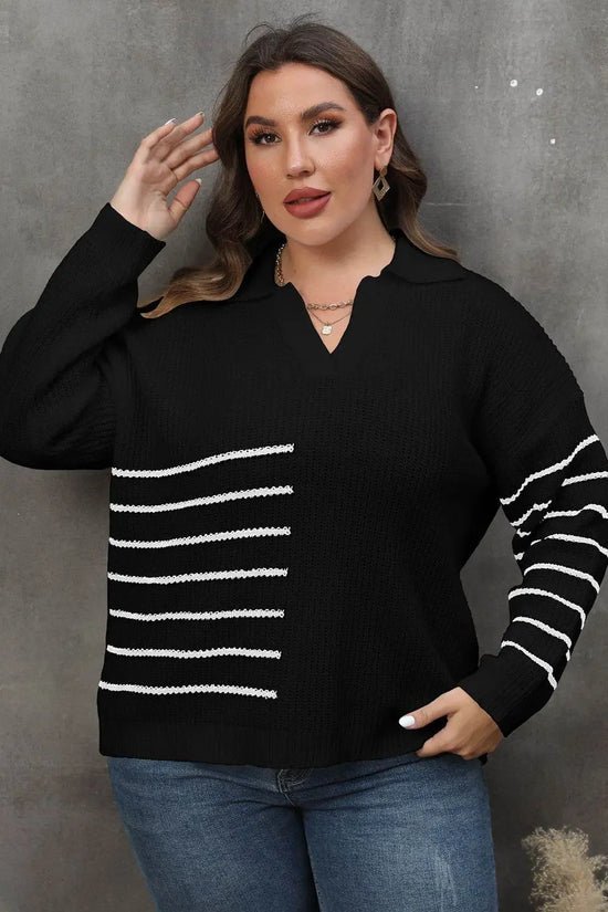 Plus Size Striped V-Neck Sweater - IVORYNN
