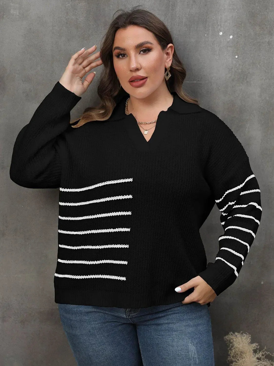 Plus Size Striped V-Neck Sweater - IVORYNN