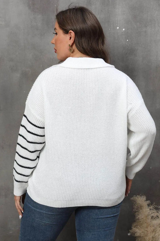 Plus Size Striped V-Neck Sweater - IVORYNN