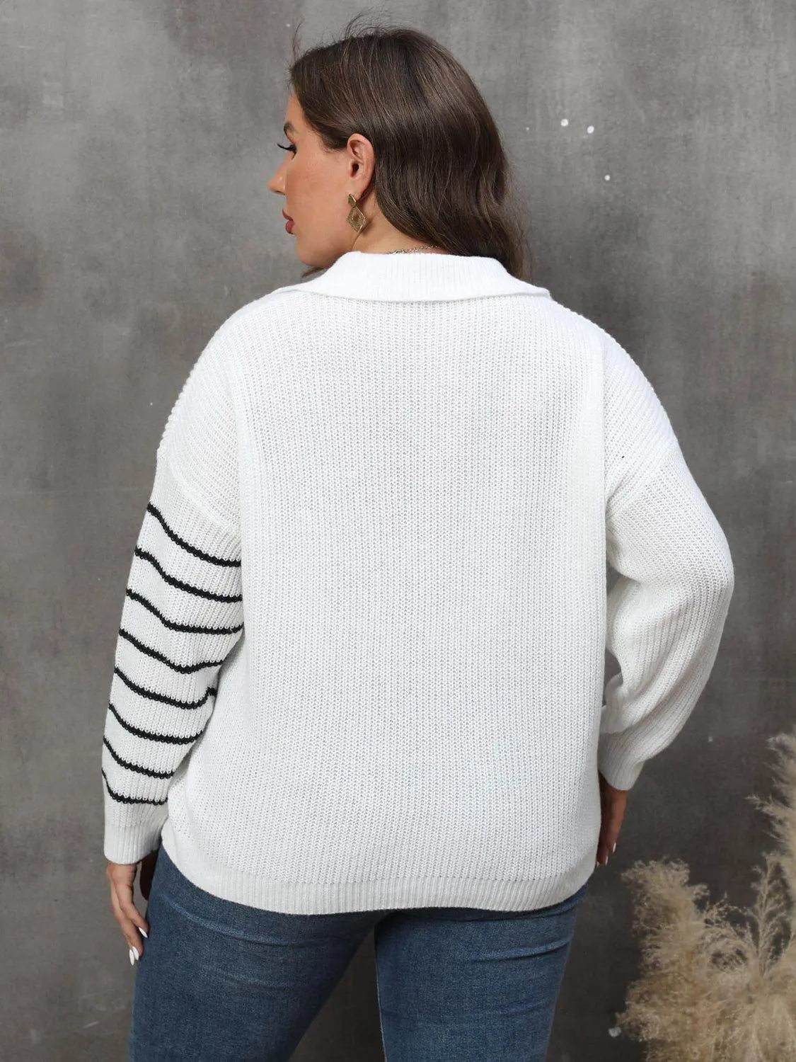 Plus Size Striped V-Neck Sweater - IVORYNN