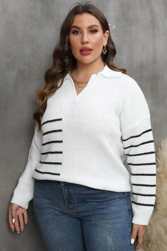Plus Size Striped V-Neck Sweater - IVORYNN