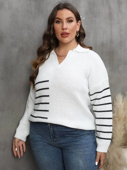 Plus Size Striped V-Neck Sweater - IVORYNN