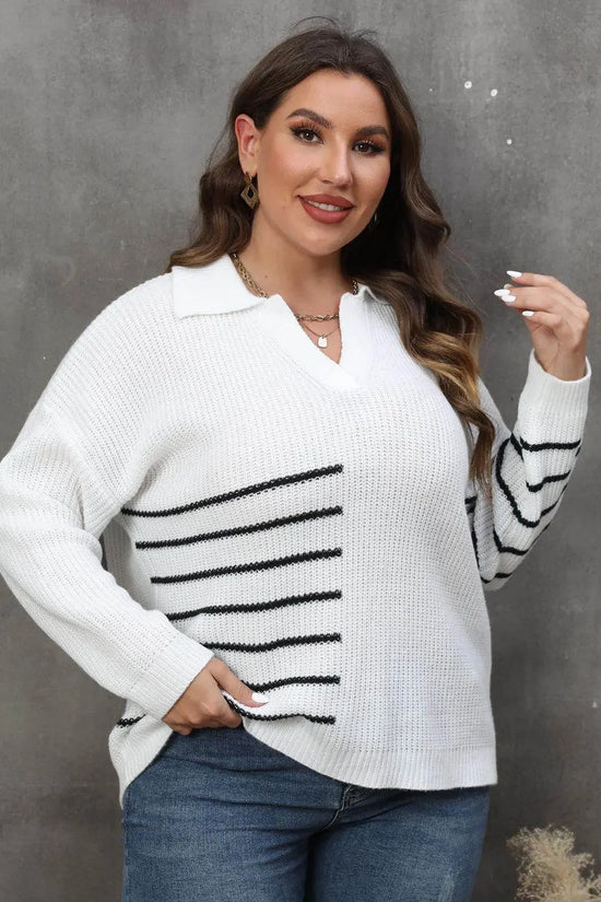Plus Size Striped V-Neck Sweater - IVORYNN