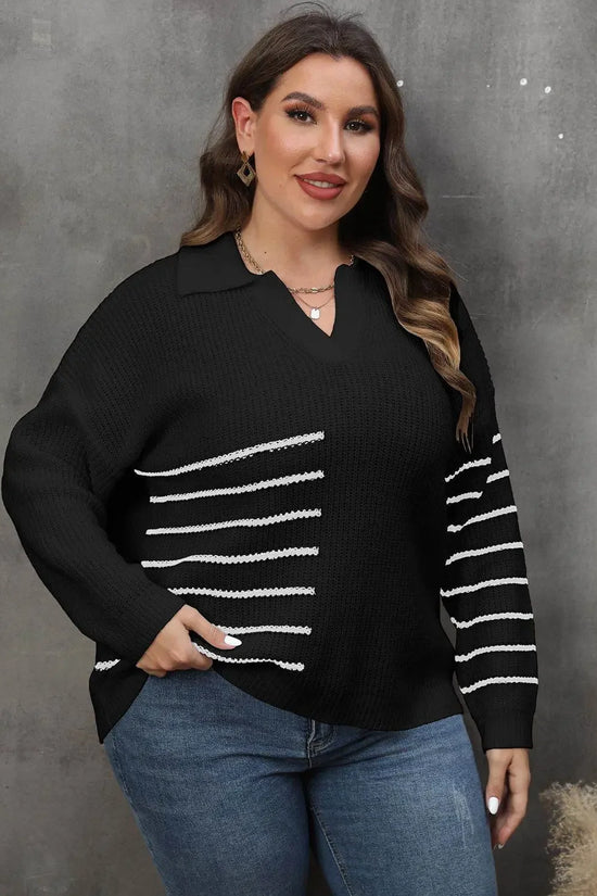 Plus Size Striped V-Neck Sweater - IVORYNN