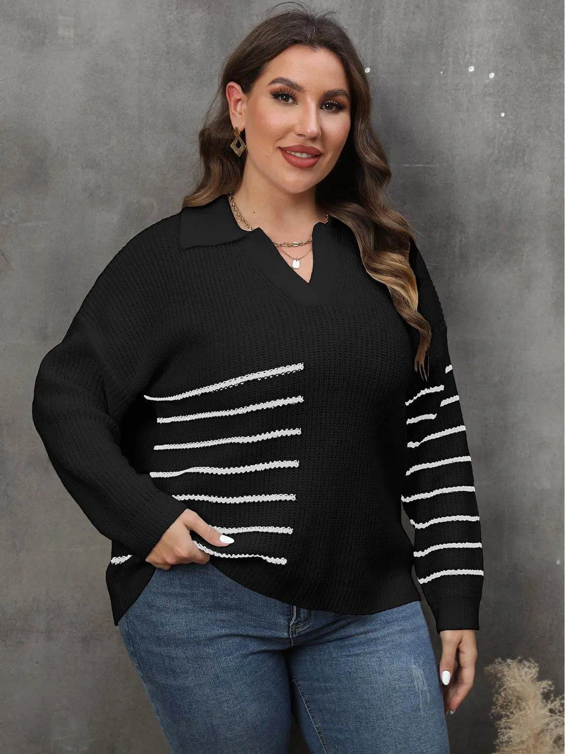 Plus Size Striped V-Neck Sweater - IVORYNN