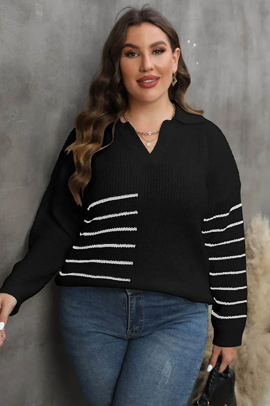 Plus Size Striped V-Neck Sweater - IVORYNN