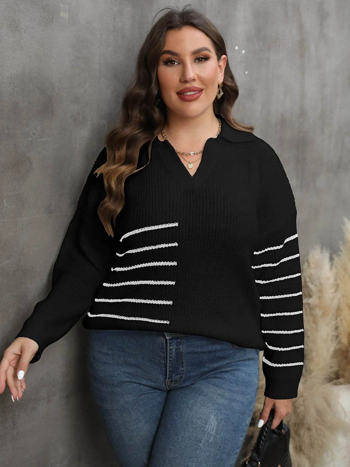 Plus Size Striped V-Neck Sweater - IVORYNN
