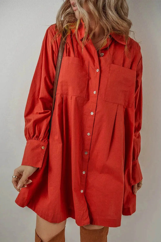 Pocketed Button Down Long Sleeve Shirt Dress - IVORYNN