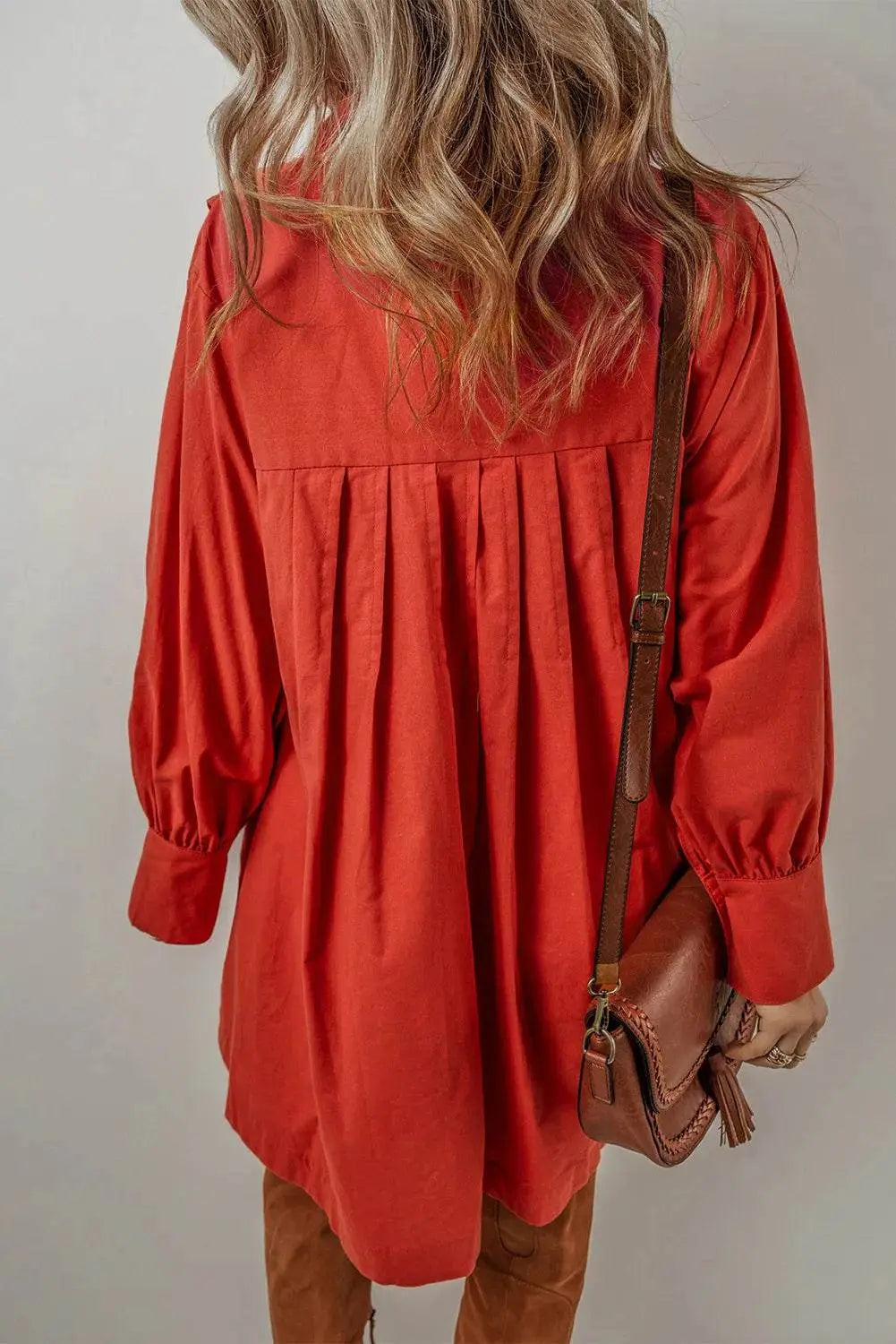 Pocketed Button Down Long Sleeve Shirt Dress - IVORYNN