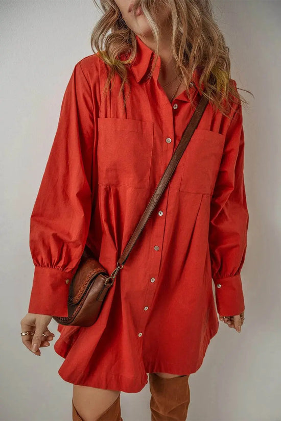 Pocketed Button Down Long Sleeve Shirt Dress - IVORYNN