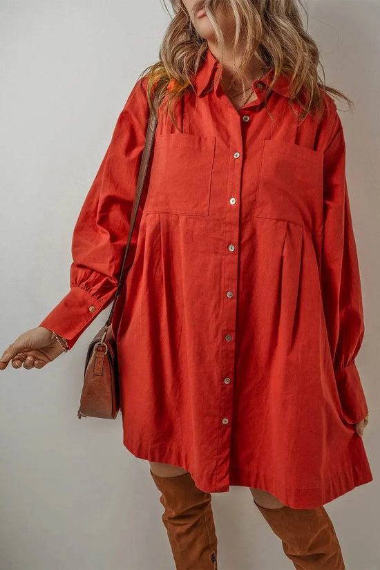 Pocketed Button Down Long Sleeve Shirt Dress - IVORYNN