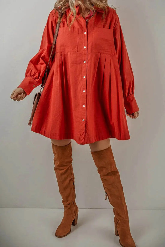 Pocketed Button Down Long Sleeve Shirt Dress - IVORYNN