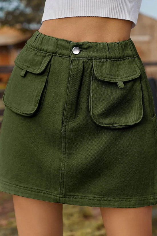 Pocketed Elastic Waist Denim Skirt - IVORYNN