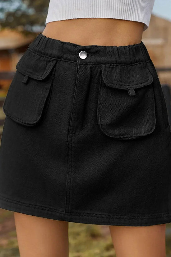 Pocketed Elastic Waist Denim Skirt - IVORYNN