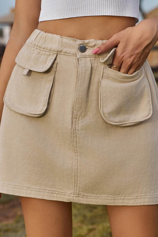 Pocketed Elastic Waist Denim Skirt - IVORYNN