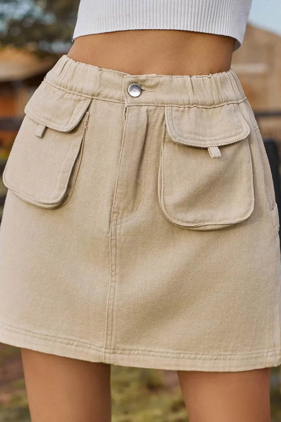 Pocketed Elastic Waist Denim Skirt - IVORYNN
