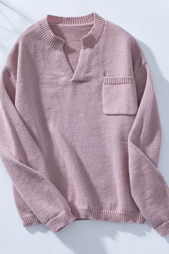Pocketed Notched Long Sleeve Knitted Sweaters - IVORYNN