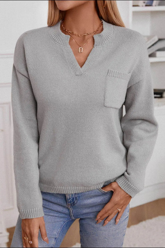 Pocketed Notched Long Sleeve Knitted Sweaters - IVORYNN
