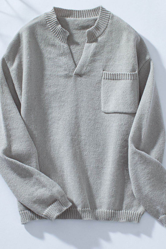 Pocketed Notched Long Sleeve Knitted Sweaters - IVORYNN