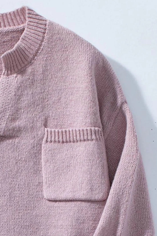 Pocketed Notched Long Sleeve Knitted Sweaters - IVORYNN